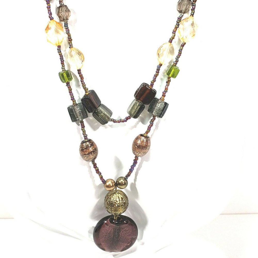 Mult Strand Glass Beaded Necklace Purples Browns